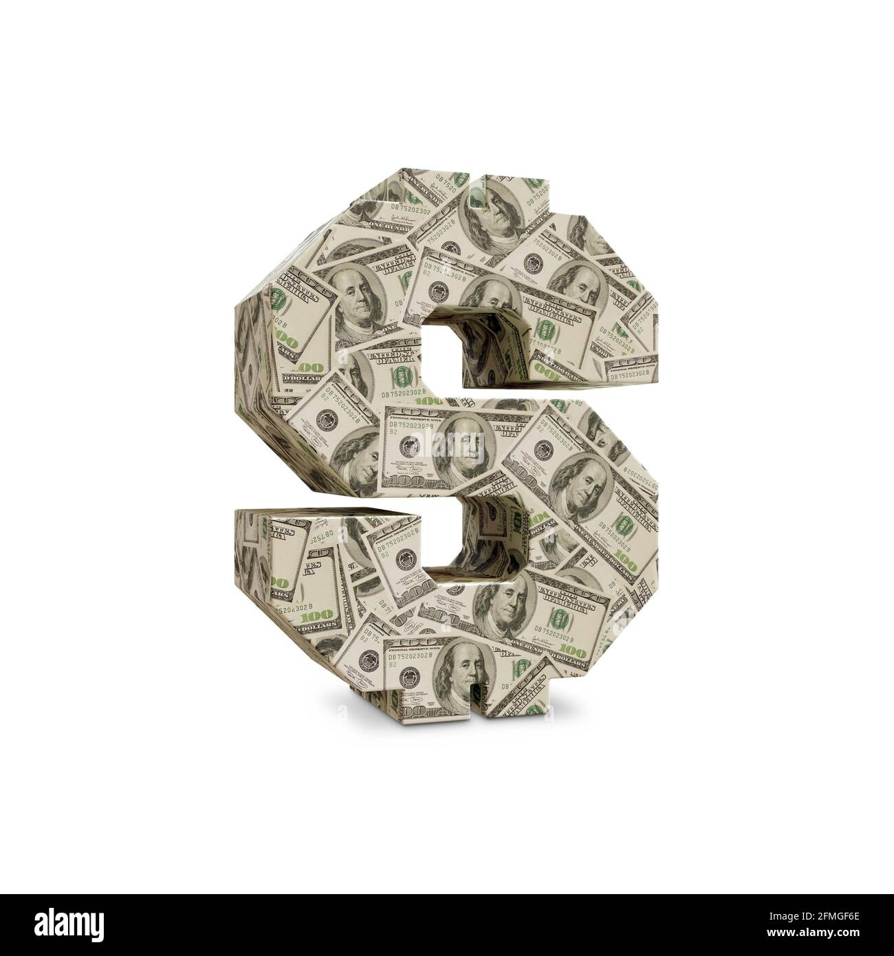 3D-Rendering des US-Dollar-Zeichens mit 100 USD Dollar-Banknoten auf weißem Hintergrund Stockfoto