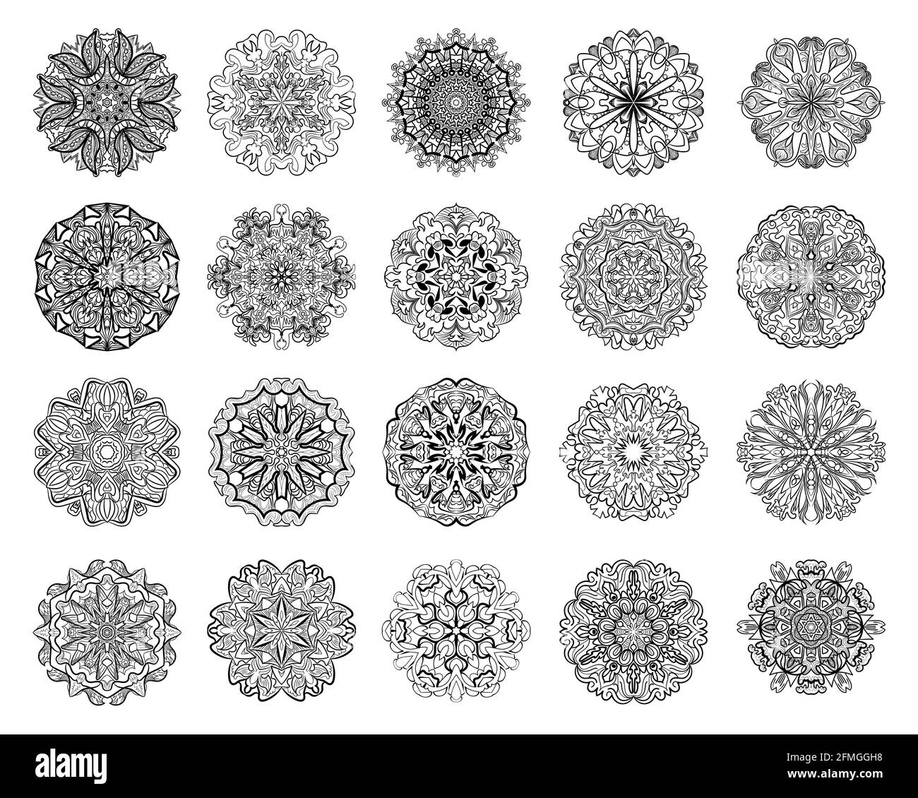 20 Mandalas, kreisförmige Ornamente. Abstraktes Design-Element, Tattoo-Vorlage, Dekoratives Retro-Ornament. Vektorgrafik Stock Vektor