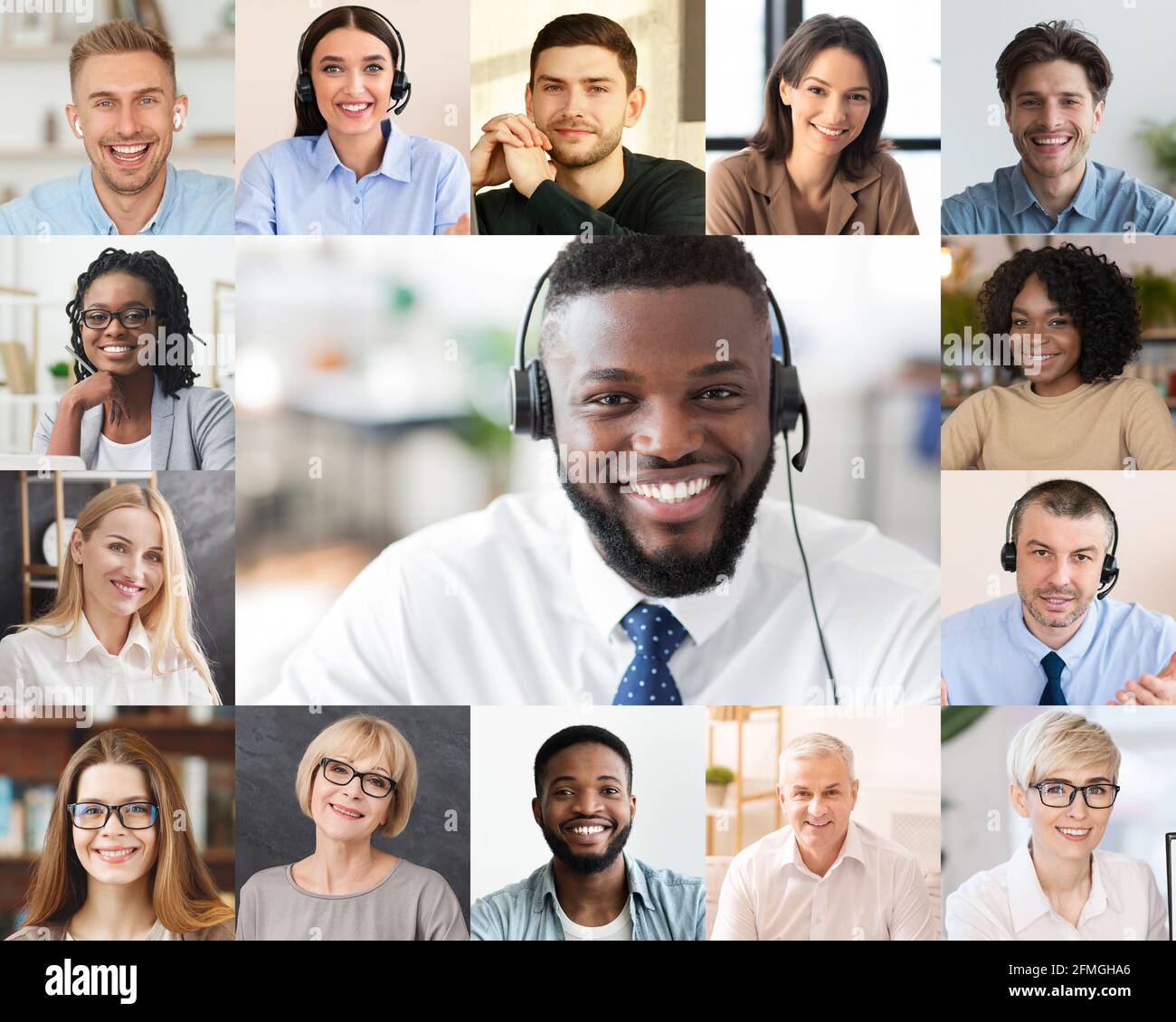 Collage Aus Multikulturellen Menschen Porträts, Die Per Videoanruf Kommunizieren Stockfoto
