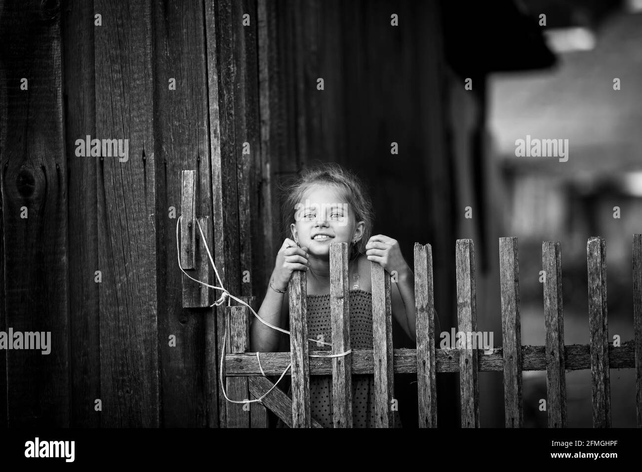 Kleines nettes Mädchen, das hinter einem Holzzaun herschaut. Schwarzweiß-Foto. Stockfoto