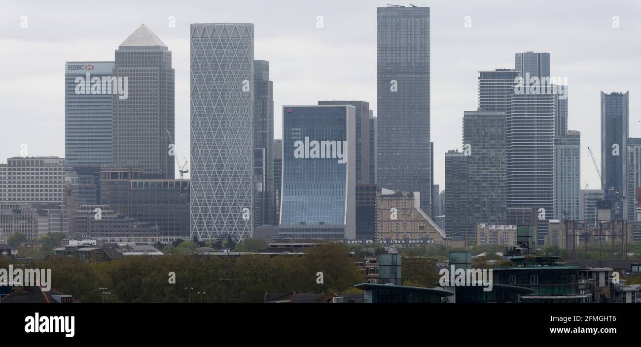 Wolkenkratzer in Canary Wharf mit Hauptsitz von HSBC, 8 Canada Square in den Londoner Docklands, 8. Mai 2021. London, Großbritannien Stockfoto