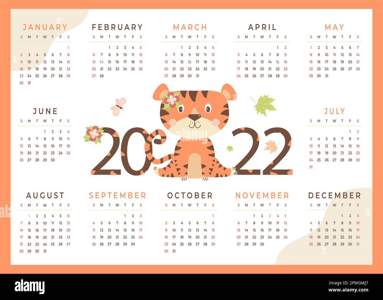 Tiger Kalender Fur 2022 Tiger Symbol Des Neuen Jahres 2022 Kinderkalender Mit Niedlichem Tier Blumen Und Schmetterling Vektor 12 Monate Kalender H Stock Vektorgrafik Alamy