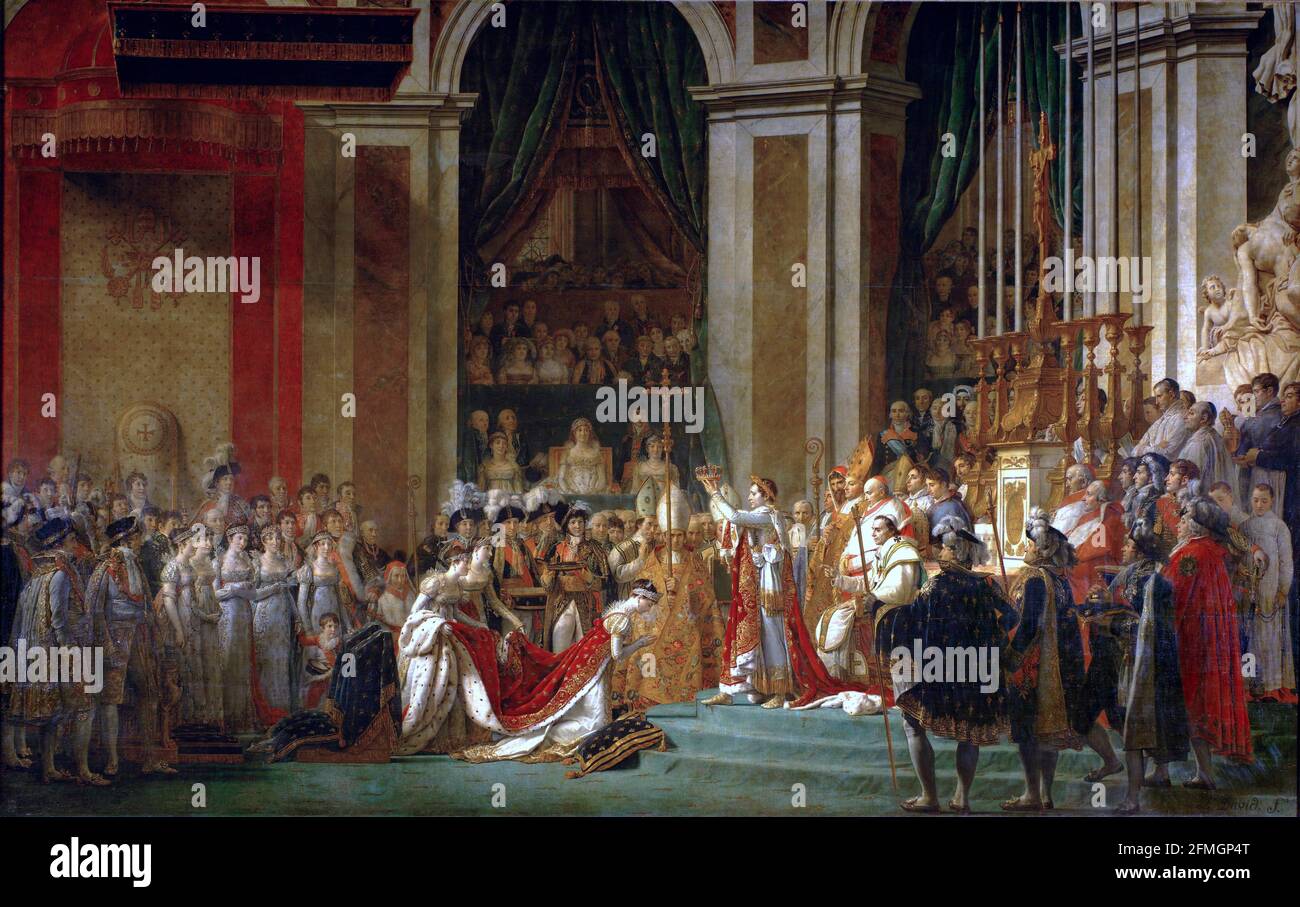 Jacques Louis David - die Krönung Napoleons I. ( 1805- !807 ) -Joséphine kniet während seiner Krönung in Notre Dame vor Napoléon. Hinter ihm sitzt Papst Pius VII Stockfoto