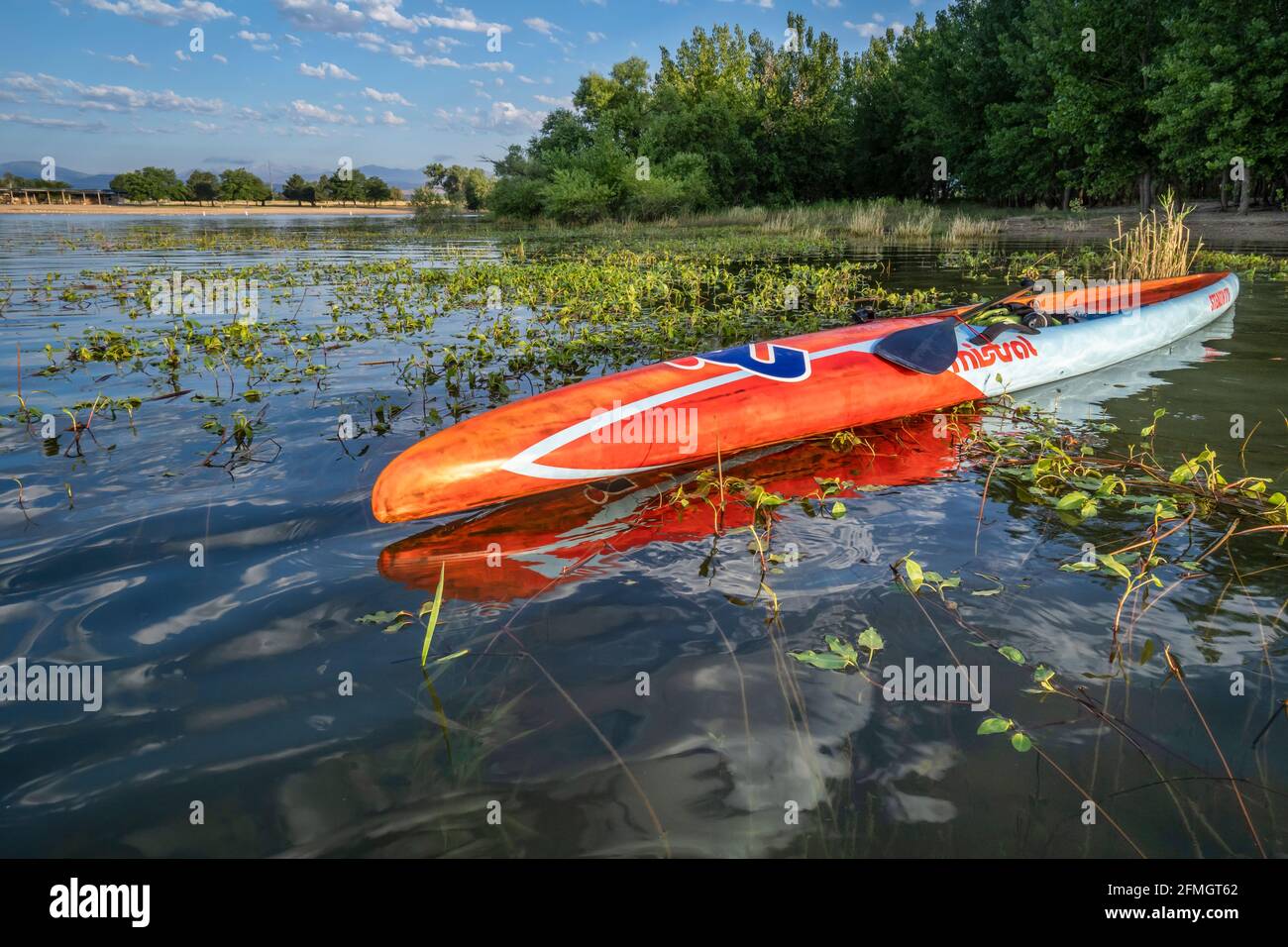 Loveland, CO, USA - 21. Juli 2020: Ein langes und enges Stand Up Paddleboard Stealth 17'6 von Mistral am Boyd Lake, einem beliebten Bootstouren- und Freizeitsportler Stockfoto