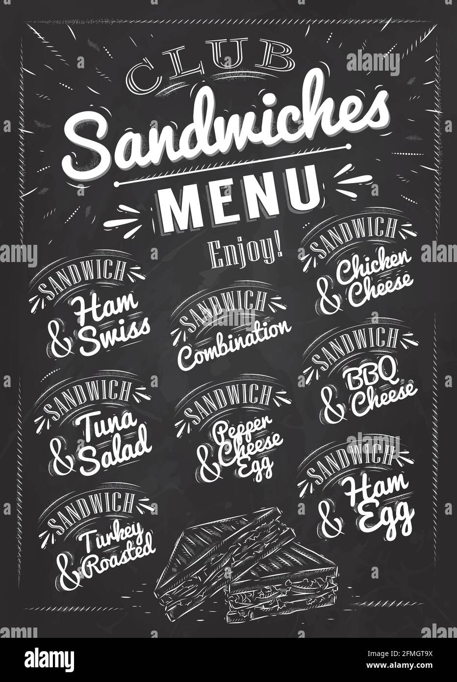 Sandwiches Menü die Namen von Sandwiches , Schinken schweizer, Hühnerkäse, Thunfisch-Salat, bbq-Käse, Schinkenei, Pfefferkäse eeg, Trukell geröstet Design ein Menü Stock Vektor