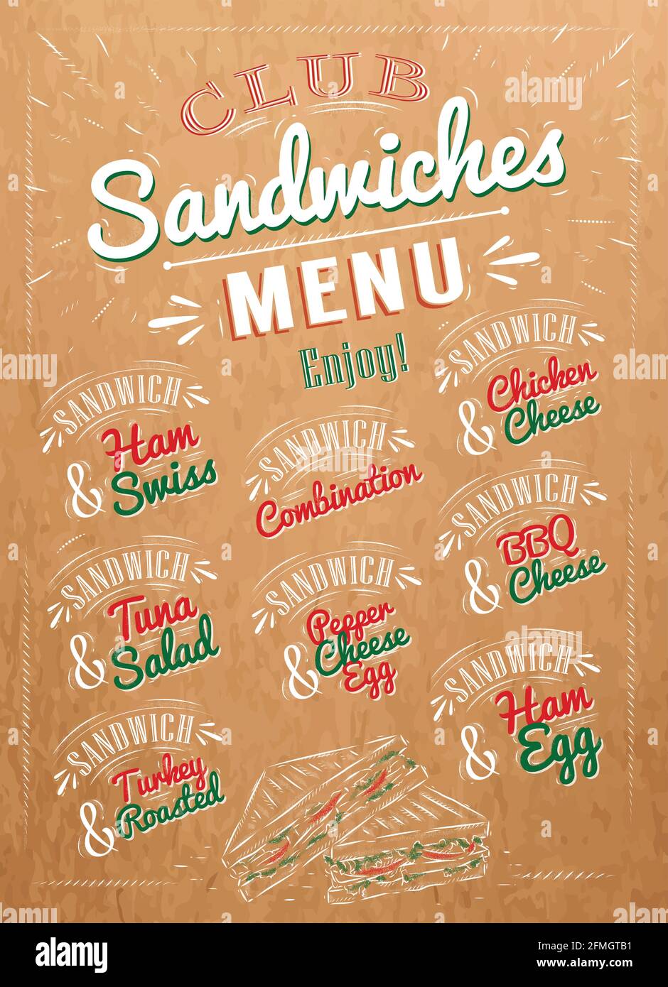 Sandwiches Menü die Namen von Sandwiches , Schinken schweizer, Hühnerkäse, Thunfisch-Salat, bbq-Käse, Schinkenei, Pfefferkäse eeg, Trukell geröstet Design ein Menü Stock Vektor