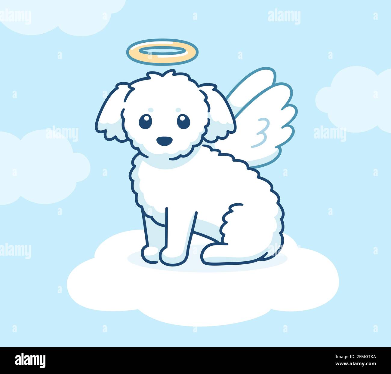 Niedlicher Engelshund mit Flügeln und Halo auf einer Wolke im Himmel. Kleine weiße flauschige Welpe Zeichnung, Vektor-Illustration. Stock Vektor