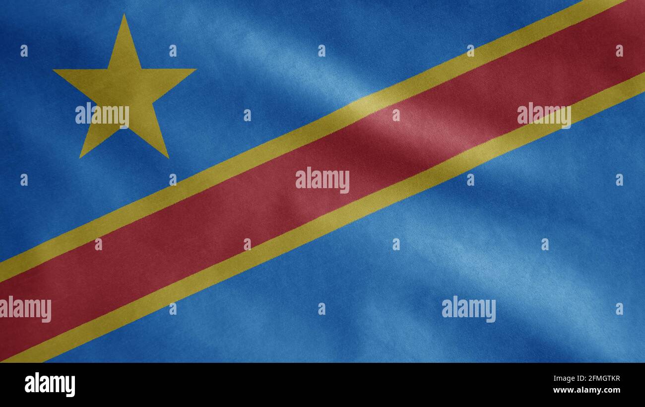 Demokratie kongolesische Flagge winkt auf Wind. Banner der Demokratischen Republik Kongo, das Seide weht. Stoff Stoff Textur Fähnrich Hintergrund. Verwenden Sie es für nationale Stockfoto