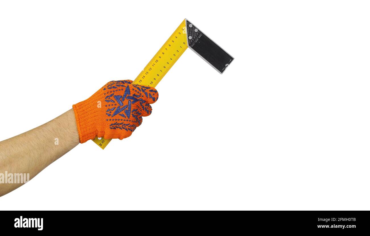 Objekte Werkzeug Hände Aktion - Arbeiter Hand in Arbeit Handschuh hält Versuchen quadratischen isolierten weißen Hintergrund. Stockfoto