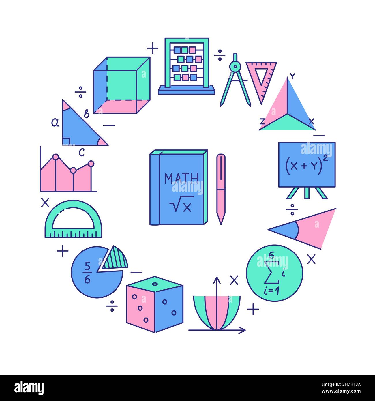 Rundes Banner mit mathematischen Symbolen und Instrumenten im farbigen Linienstil. Vektorgrafik. Stock Vektor