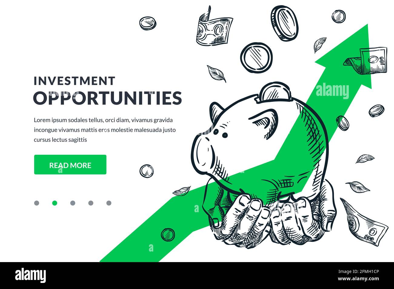 Business-Konzept für Investitionen und Finanzwachstum. Menschliche Hände halten Sparschwein mit fallenden Münzen auf grünem Pfeil Hintergrund. Handgezeichnete Vektorskizze Abb. Stock Vektor