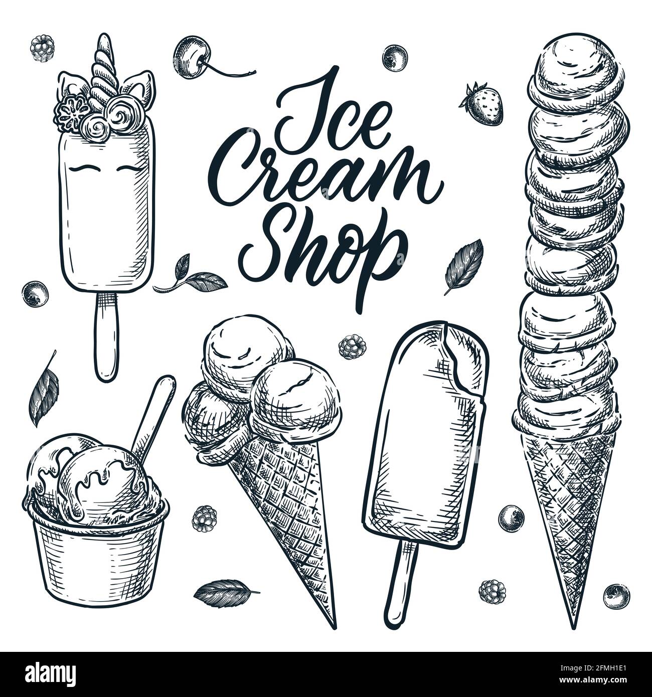 Bunte Eis Kegel Symbole Set. Vektor Cartoon Lebensmittel Illustration. Sommer Dessert Snacks Sammlung. Süße Design-Elemente, isoliert auf weißem Hintergrund Stock Vektor