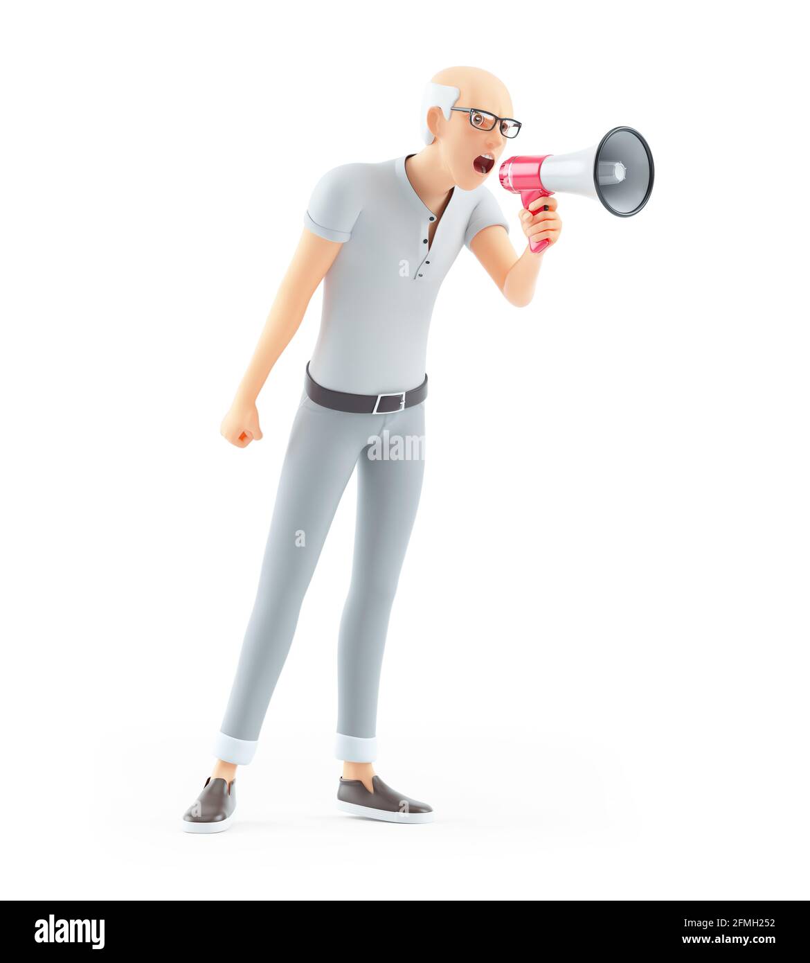 3d-Senior-Mann, der durch das Megaphon schießt, Illustration isoliert auf weißem Hintergrund Stockfoto