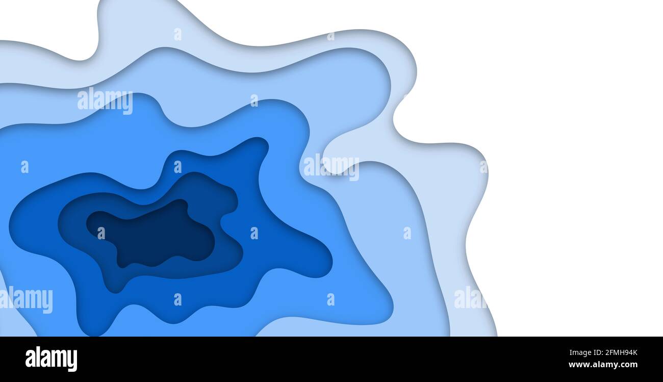 Abstraktes blaues Meer, Reisen, Sommerhintergrund. Papier schneidet blaue Wellen. Banner, Einladung, Poster, Webdesign. Papierschnitt-Stil, 3d-Effekt. Platz für Text Stockfoto