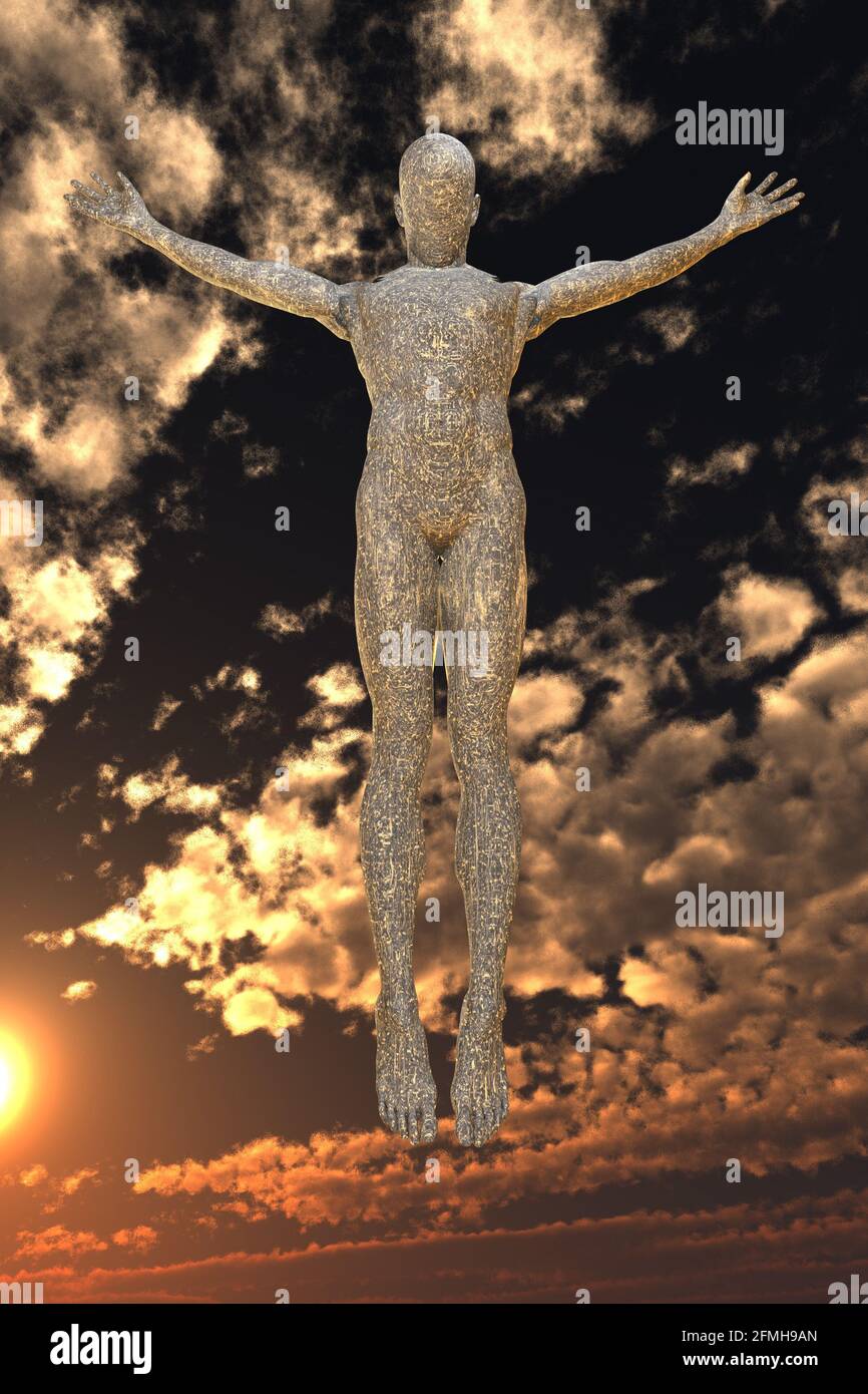 Droidenaufstieg am Himmel bei Sonnenuntergang. 3D-Rendering. Stockfoto
