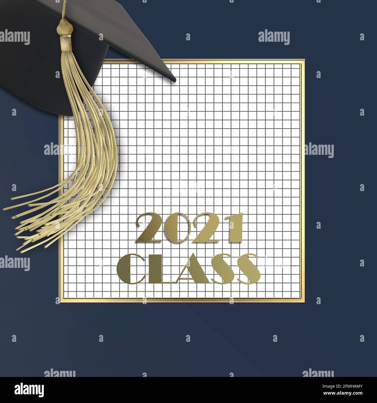 Klasse 2021. Herzlichen Glückwunsch Absolventen Design-Vorlage mit akademischen Kappe, goldene Quaste, Text 2021 Klasse über weiß blau. Abbildung Stockfoto