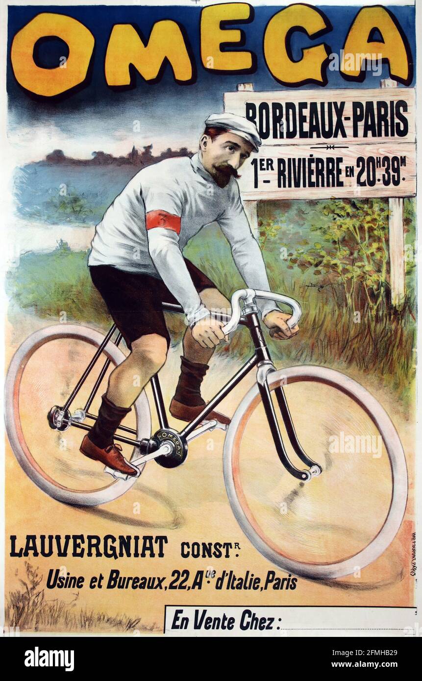 Omega, Bordeaux-Paris Lauvergniat. Fahrradwerbeposter. Alt und vintage. Digital verbessert. Stockfoto