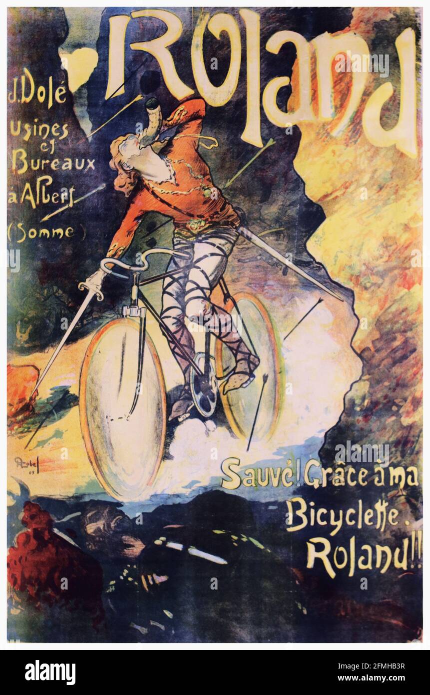 Bicyclette Roland Fahrrad Werbeplakat. Alt und vintage. Digital verbessert. Stockfoto