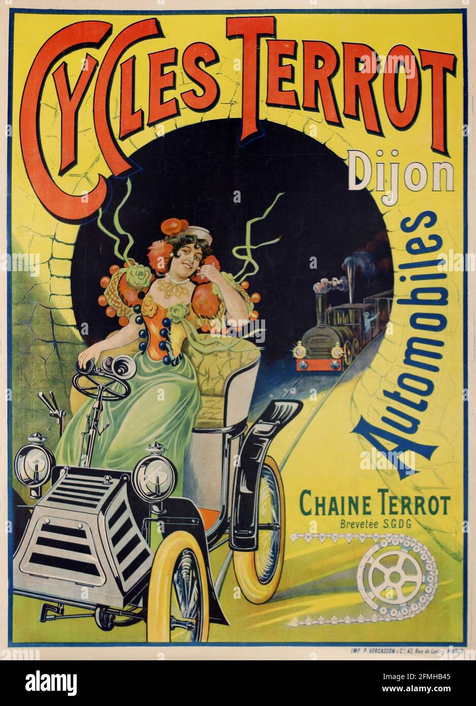 Fahrräder Terrot Dijon Automobiles. Auto vor dem Zugtunnel. Fahrradwerbeposter. Alt und vintage. Digital verbessert. Stockfoto