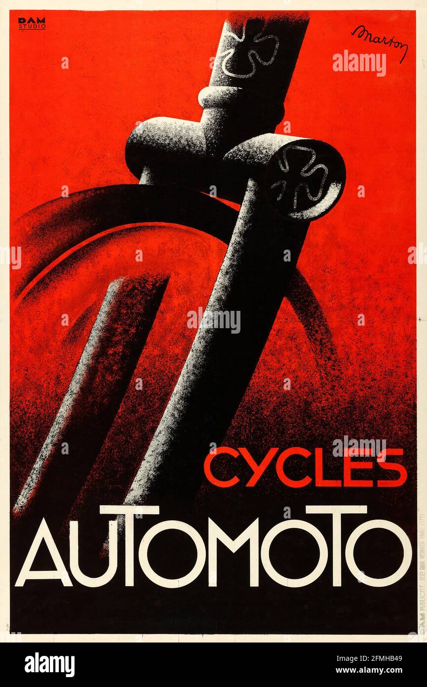 Schaltet den Automoto ein (c. L 1930, S. Fahrradwerbeposter. Alt und vintage. Digital verbessert. Stockfoto