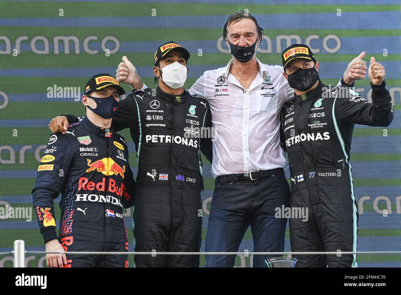 Barcelona, Spanien. Mai 2021. HAMILTON Lewis (gbr), Mercedes AMG F1 GP W12 E Performance, Porträt, Jim Ratcliffe. BOTTAS Valtteri (FIN), Mercedes AMG F1 GP W12 E Performance, Portrait und VERSTAPPEN Max (NED), Red Bull Racing Honda RB16B, Portrait während des Formel 1 Aramco Gran Premio De Espana 2021 vom 07. Bis 10. Mai 2021 auf dem Circuit de Barcelona-Catalunya, in Montmelo, bei Barcelona, Spanien - Foto DPPI / LiveMedia Kredit: Unabhängige Fotoagentur/Alamy Live News Stockfoto