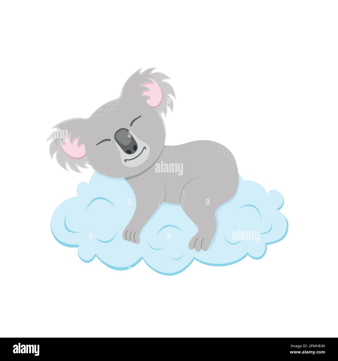 Niedliche Koala schlafen auf Wolke. Australischer Bär-Charakter im kindlichen Stil für Grußkarten oder Einladungskarten, Kinderzimmer- oder Babyduschpartys. Vektorgrafik Cartoon-Illustration. Stock Vektor