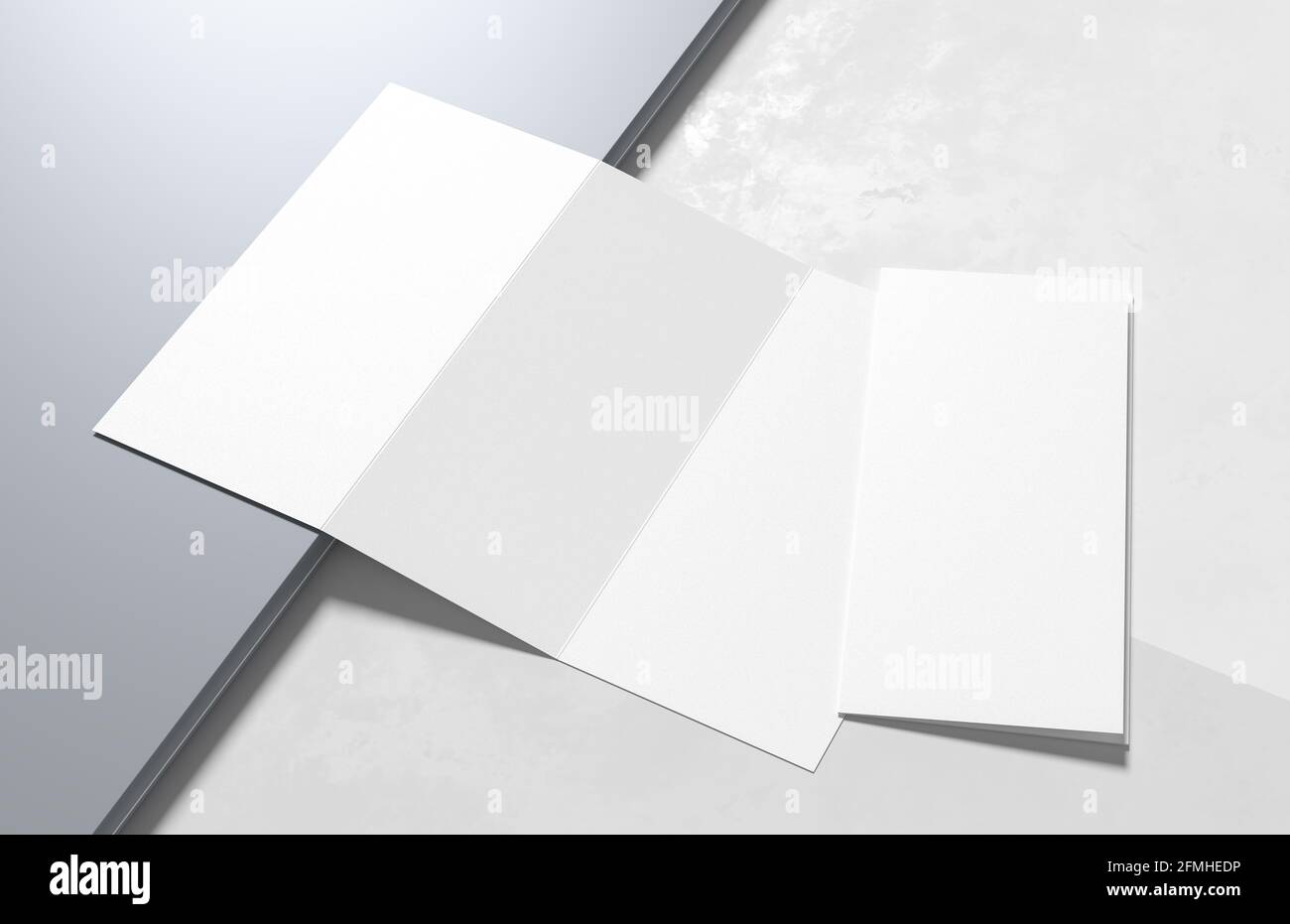 Dreifach gefaltet - dreifach verzweigter Prospekt isoliert auf modernem weißen Hintergrund. 3D-Illustration Stockfoto
