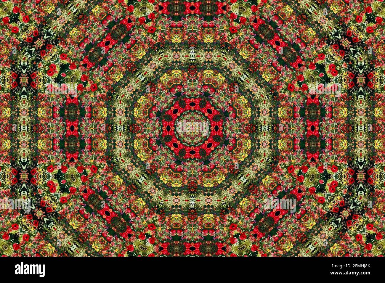 Frühlingsblumen-Display als abstrakter Kaleidoskop-Effekt, geometrische Muster Art Symmetrie Stockfoto