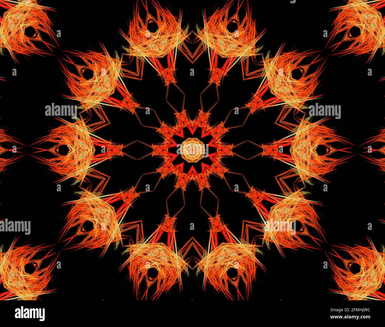 Farbenfrohe Kunstwerke mit fraktalen Flammen Bild digitale Kunst, Symmetrie Kaleidoskop Effekt farbenfrohe geometrische Kunst Stockfoto