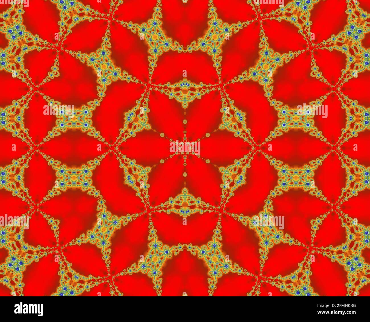 Mandelbrot-Fraktalbild, digitale Kunst, farbenfrohes Kaleidoskop-Konzept Symmetrie farbenfrohe geometrische Kunst Stockfoto