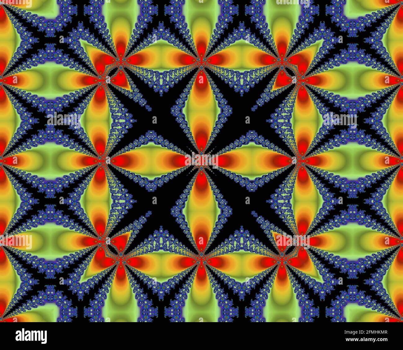 Künstlerische Mandelbrot-Fraktalsymmetrie, digitale Kunst, farbenfrohes Kaleidoskop-Konzept symmetrische farbenfrohe geometrische Kunst Stockfoto