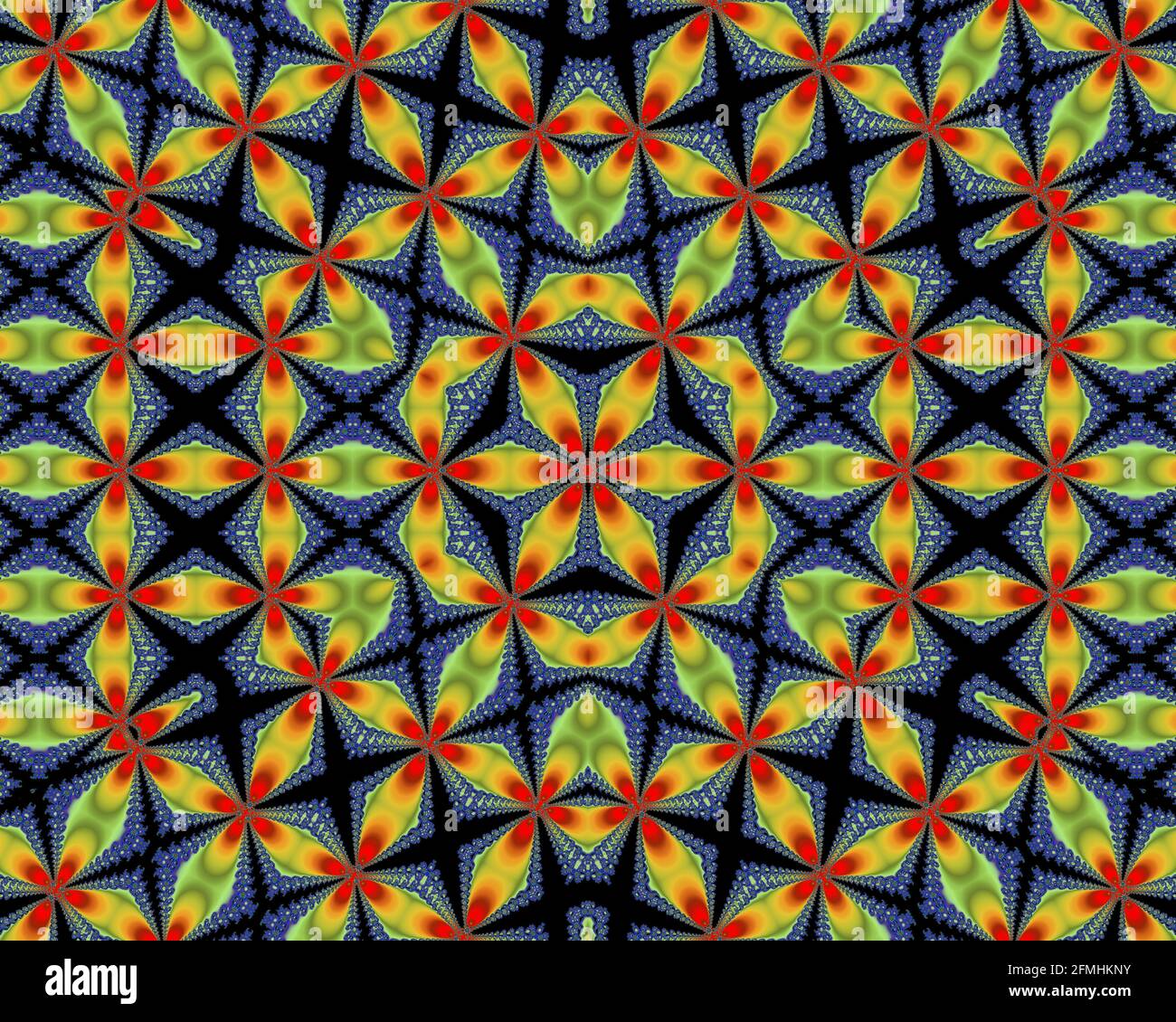 Mandelbrot-Fraktalbild, digitale Kunst, farbenfrohes Kaleidoskop-Konzept Symmetrie symmetrische farbenfrohe geometrische Kunst Stockfoto