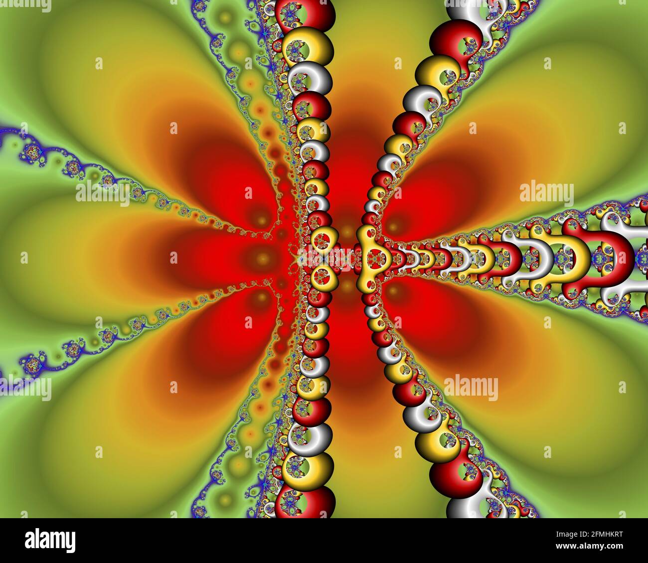 Mandelbrot-Fraktalbild, digitale Kunst, farbenfrohes Konzept, künstlerische Symmetrie, farbenfrohe geometrische Kunst Stockfoto