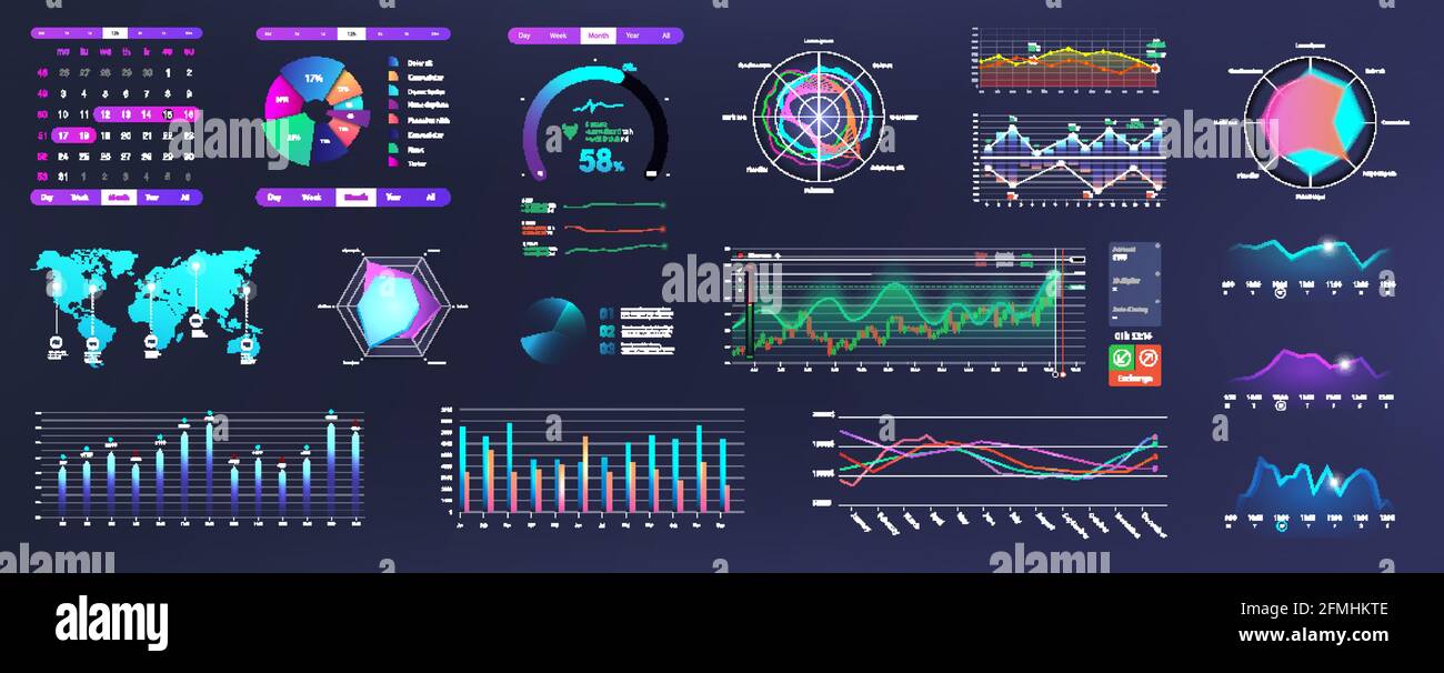 Moderne Neon UI-, UX- und KIT-Elemente lassen sich mit Diagrammen, Grafiken und Infografiken verbinden. Bildschirm für Netzwerkverwaltungsdaten mit Diagrammen und HUD-Diagrammen Stock Vektor