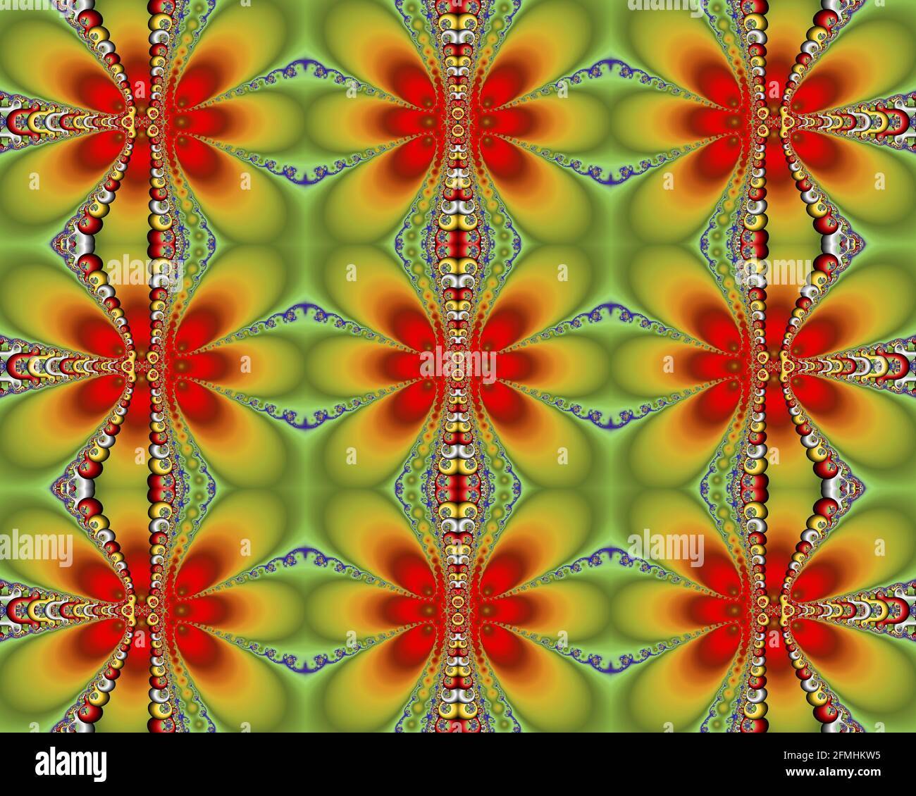 Mandelbrot-Fraktalbild, digitale Kunst, abstraktes farbenfrohes Kaleidoskop Konzept Symmetrie symmetrische farbenfrohe geometrische Kunst Stockfoto