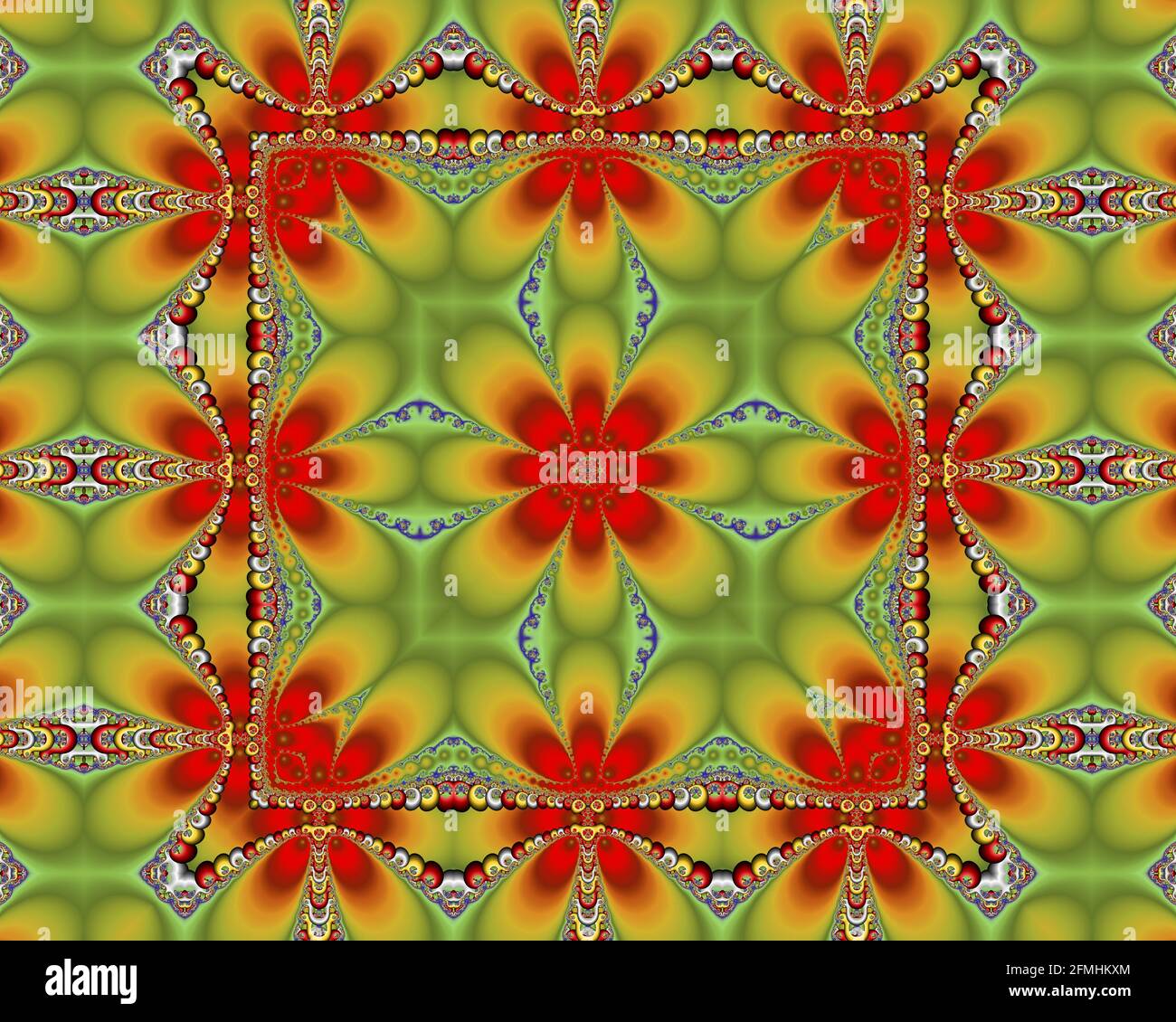 Mandelbrot-Fraktalbild, digitale Kunst, Symmetrie abstraktes farbenfrohes Kaleidoskop-Konzept, farbenfrohe geometrische Kunst Stockfoto