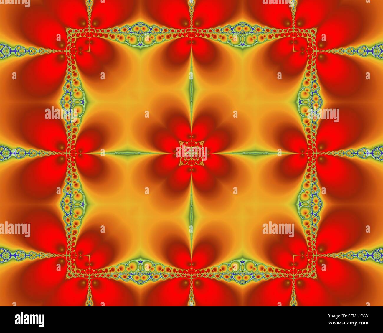 Mandelbrot-Fraktalbild, abstrakte digitale Kunst, farbenfrohes Kaleidoskop-Konzept Symmetrie symmetrische farbenfrohe geometrische Kunst Stockfoto