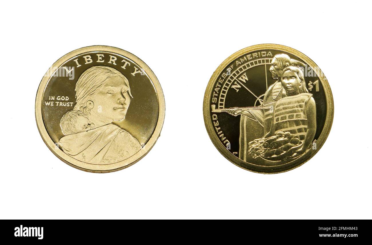 Die Native American Lever1 Coin aus dem Jahr 2014 erinnert daran, wie die Gastfreundschaft der Indianer den Erfolg der Lewis and Clark Expedition sicherte. Die umgekehrte Richtung Stockfoto