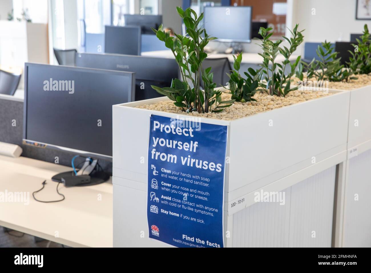 Sydney Büros leer von Menschen während covid 19 Pandemie, Büro Zeichen Warnung vor dem Virus, Sydney, Australien Stockfoto