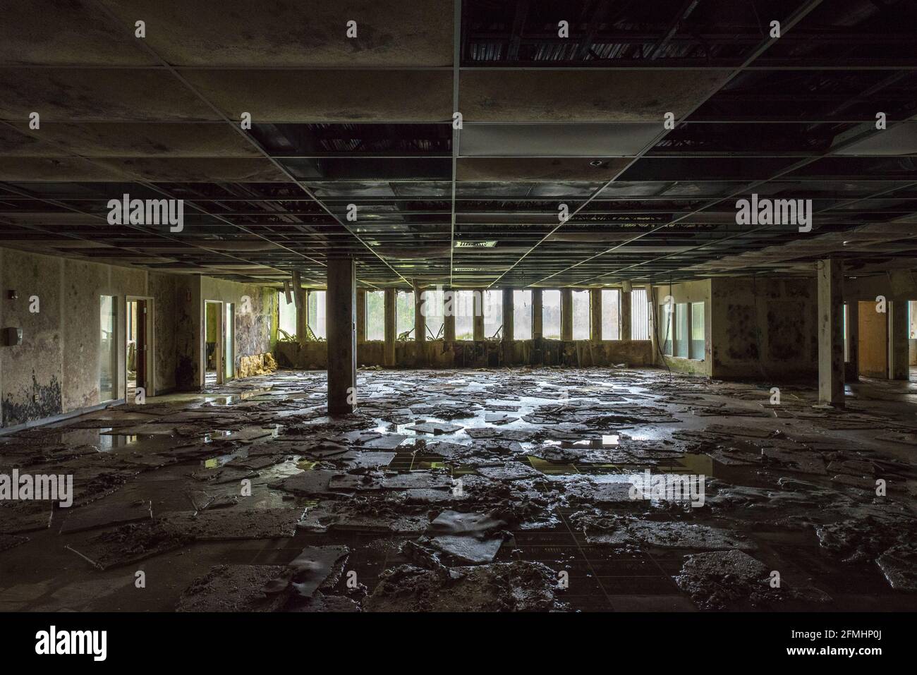 Das Innere eines verlassenen, verfallenden leeren Bürogebäudes Stockfoto
