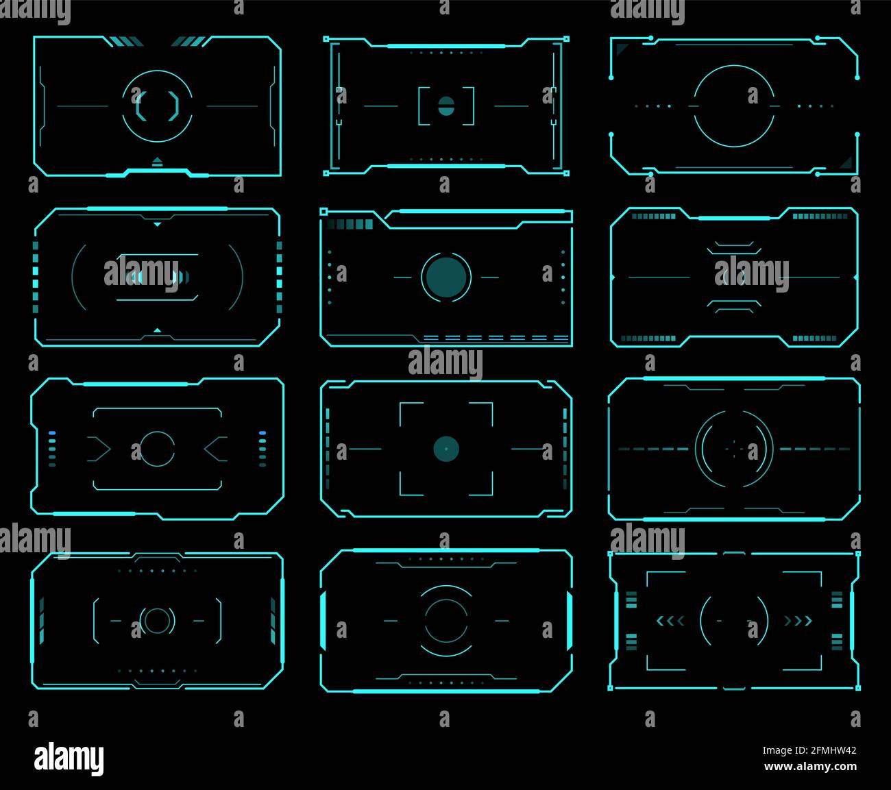 HUD-Zielrahmen, Zielsteuerung, Ski-Fi-UI-Schnittstelle. Vektor futuristische militärische optische Ausrichtung, Raumschiff Fadenkreuz. Moderne Techno-Screen-Elemente, CO Stock Vektor