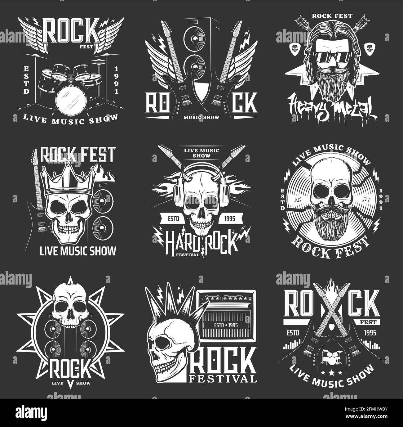 Rock-Musik-Festival-Ikonen, Hard-Rock-Schädel und Gitarren-Vektor-Abzeichen und Embleme. Hard Rock und Heavy Metal Fest Live Konzert Performance Zeichen mit dr Stock Vektor