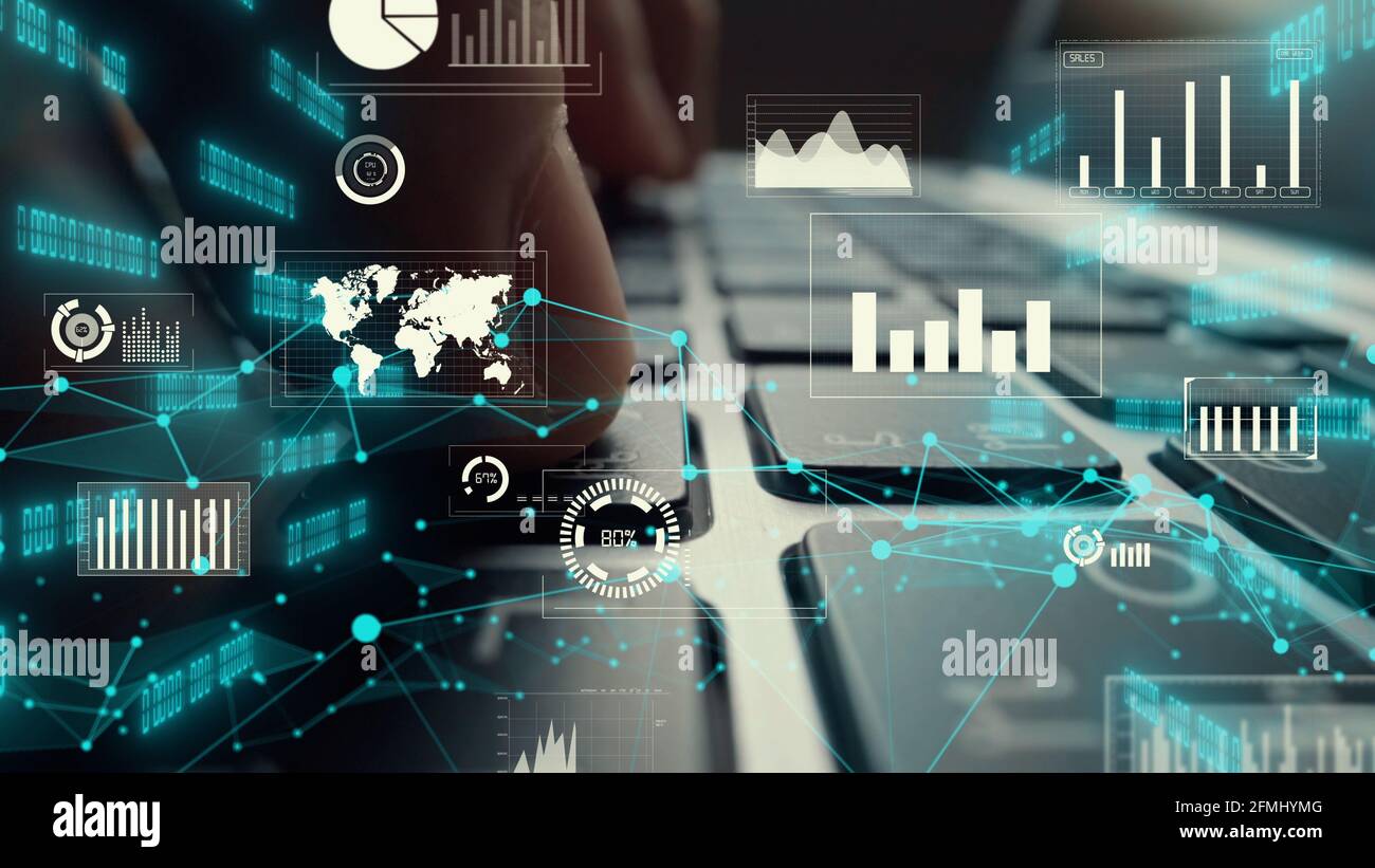 Kreative visuelle Darstellung von Big Data und Finanzanalysen für Unternehmen auf dem Computer, die das Konzept der statistischen Entscheidungsfindungsmethode für Investitionen zeigen, Fintech Stockfoto