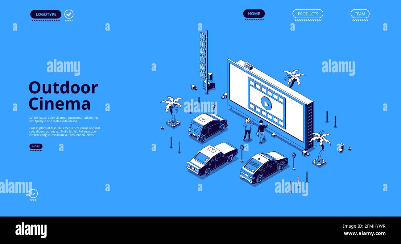 Isometrische Landing Page für Freiluftkino. Ein Paar, das sich mit Autos im Autokino ausgibt, steht auf dem Parkplatz unter freiem Himmel. Mann und Frau sehen sich Filme auf einem riesigen Bildschirm an, 3D-Vektorgrafik-Webbanner Stock Vektor