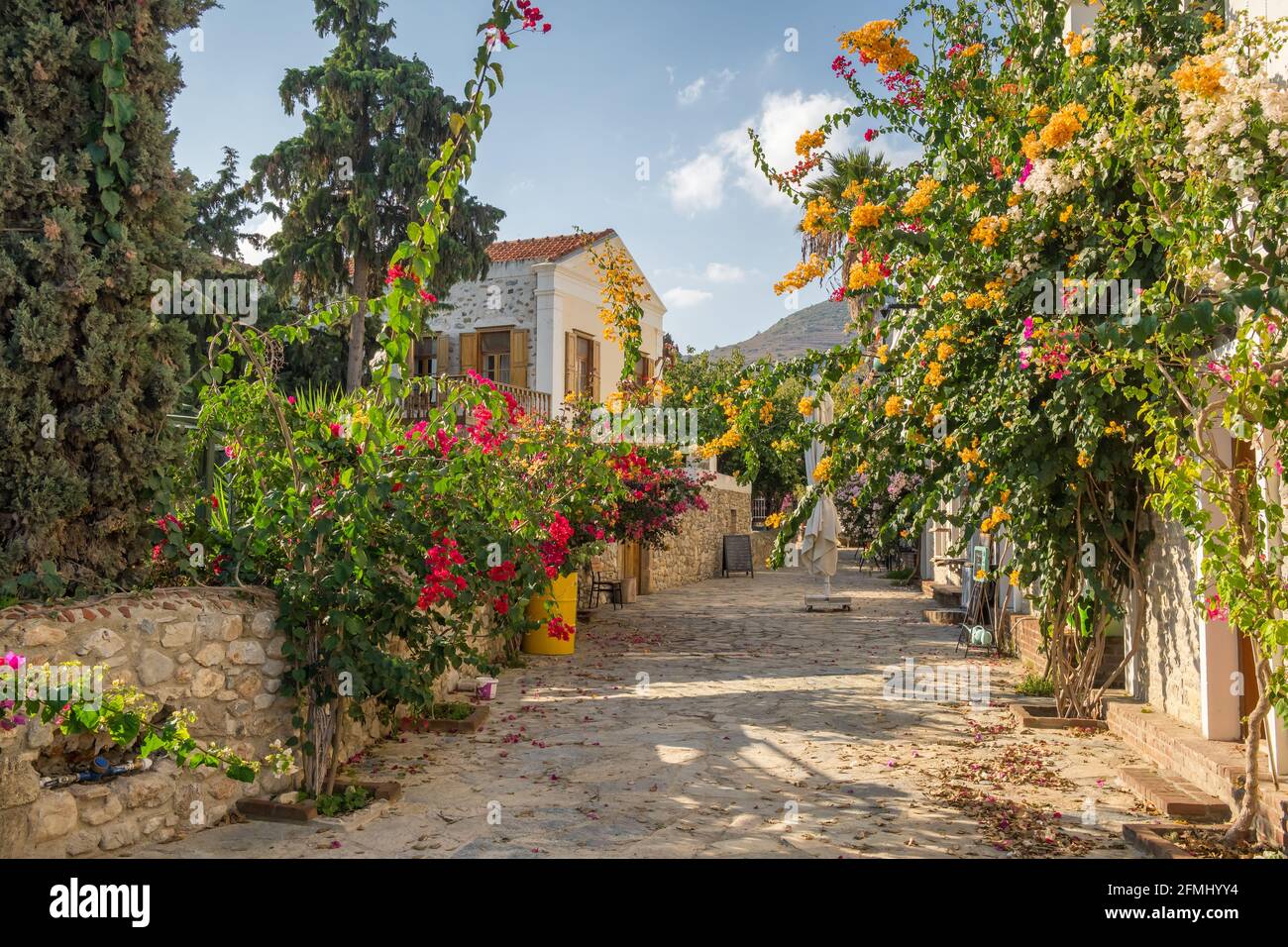 Bunte Straße mit Blumen in Old Datca, Türkei Stockfoto