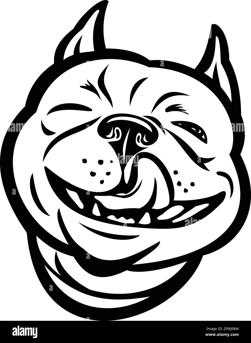 Maskottchen Illustration des Leiters der lachenden Boston Terrier, Boston Bull, Boston Bull Terrier, Boxwood oder amerikanischen Herren mit Zunge aus der Fr. Stock Vektor