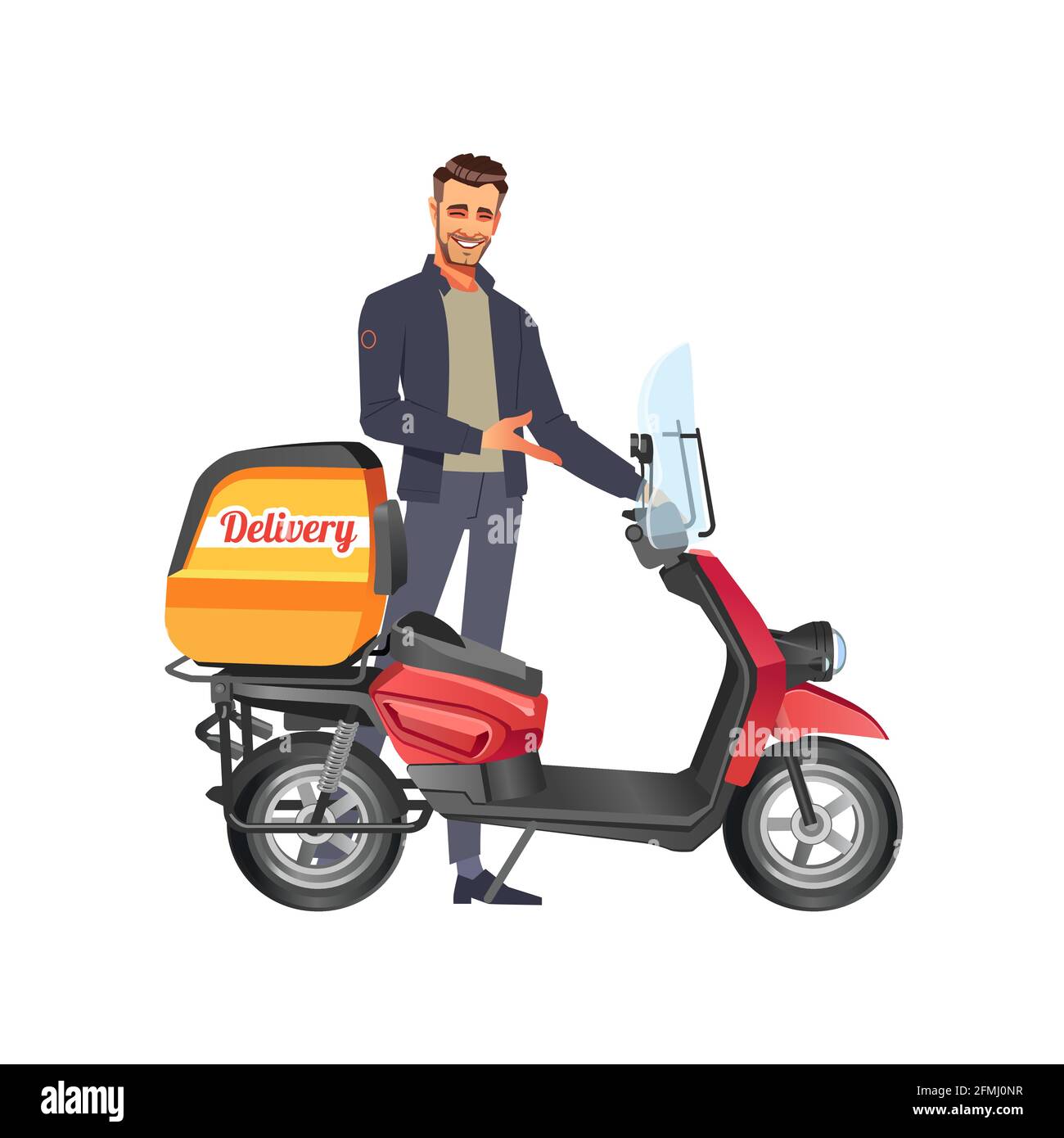 Lieferer mit rotem Roller. Cartoon Vektorgrafik isoliert auf weißem Hintergrund Stock Vektor