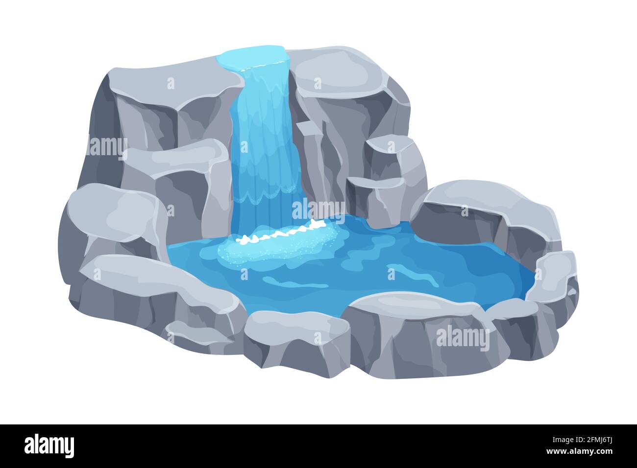 Wasserfall Kaskade mit Steinen, See im Cartoon-Stil isoliert auf weißem Hintergrund. Clip Art Komposition, Naturkulisse. Vektorgrafik Stock Vektor
