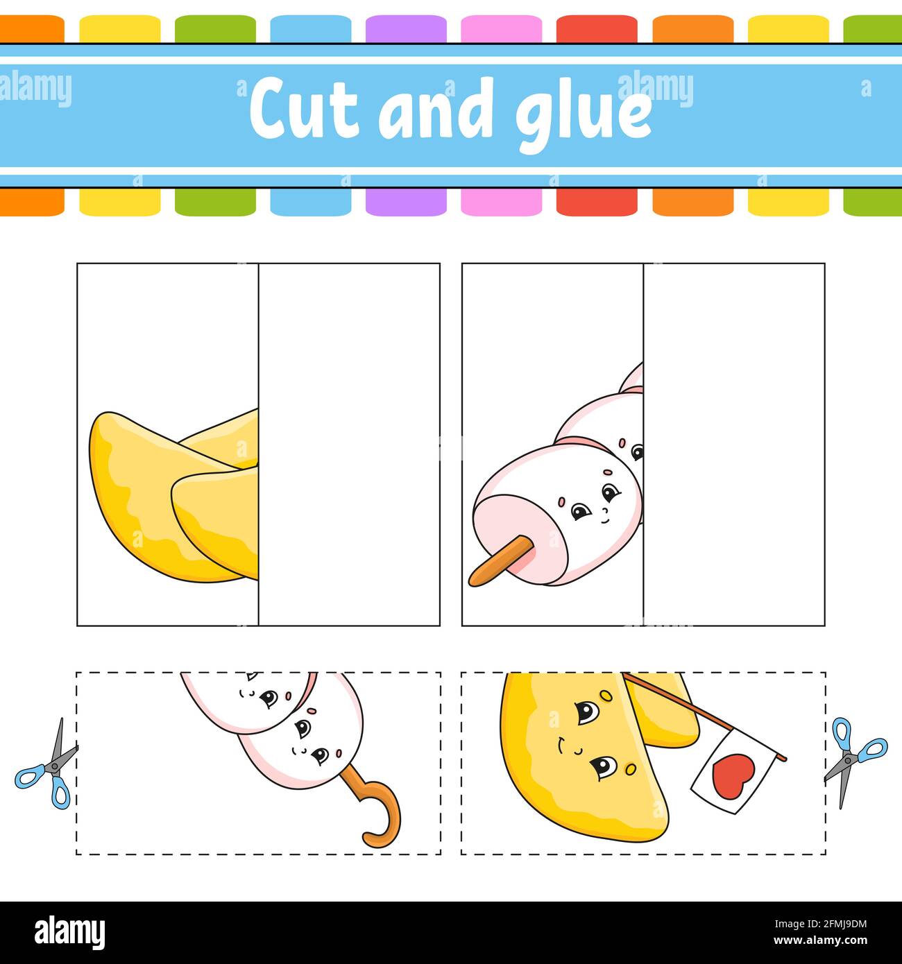 Schneiden und spielen. Papier Spiel mit Kleber. Flash-Karten. Arbeitsblatt zum Bildungswesen. Aktivitätsseite. Witziger Charakter. Isolierte Vektordarstellung. Cartoon-Stil. Stock Vektor