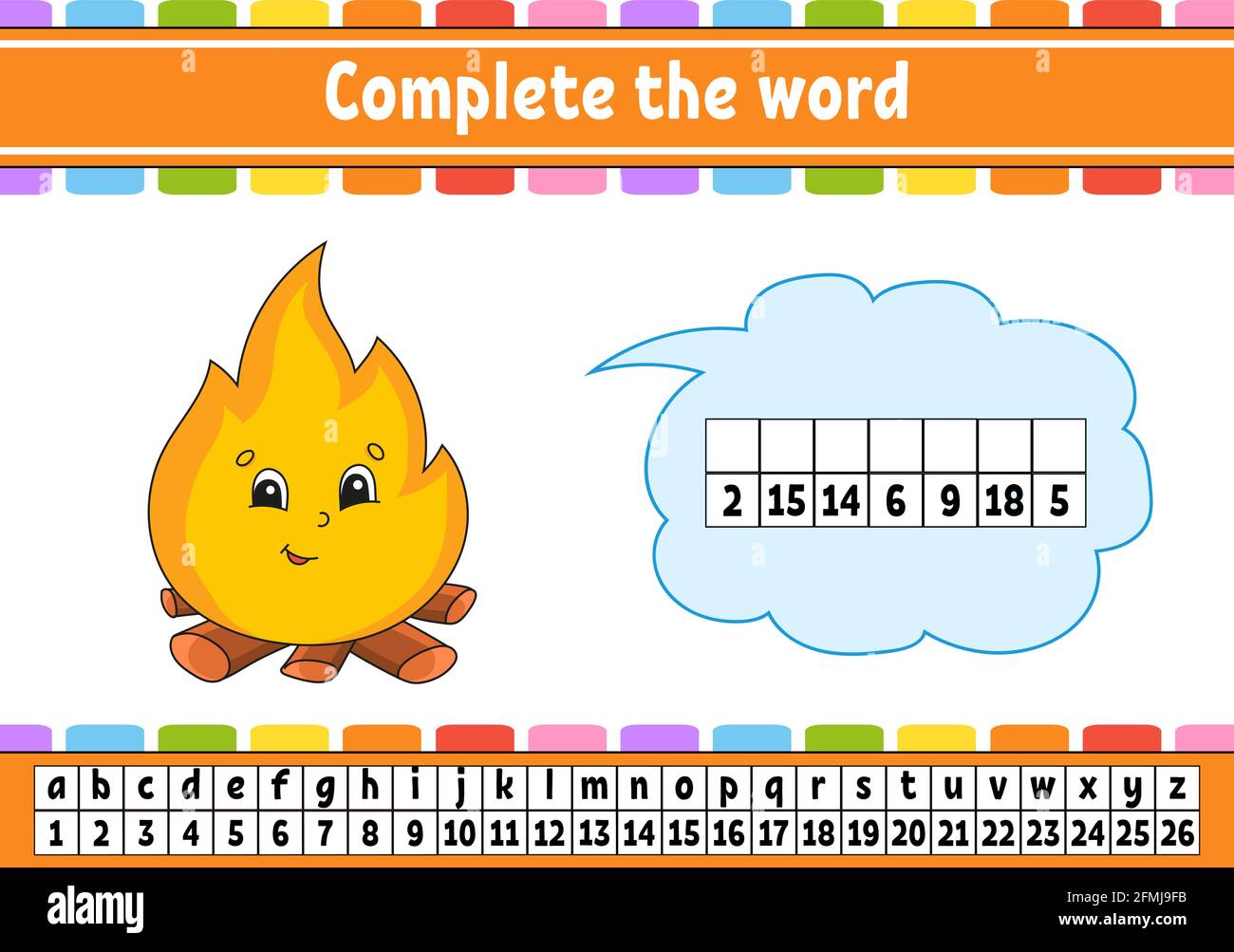 Vervollständigen Sie die Worte. Chiffriercode. Vokabeln und Zahlen lernen. Arbeitsblatt zum Bildungswesen. Aktivitätsseite für die Studie Englisch. Isolierte Vektordarstellung. Stock Vektor